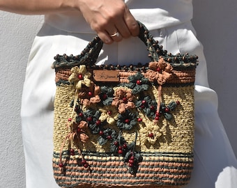 Top Handle Raffia Crochet Bag, Beaded Floral Straw Tote, Summer Beach Boho Purse