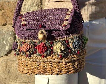 Raffia Rattan Basket Bag, Embroidered Flowers Boho Crossbody, Handmade Summer Beach Purple Purse Gift