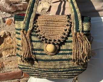Bolso de mano de macramé hecho a mano, bolso con borla a rayas verdes, Día de la Madre, bolso bohemio.