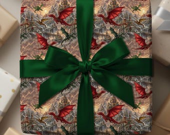 Christmas Dragons Fantasy Scene Wrapping Paper