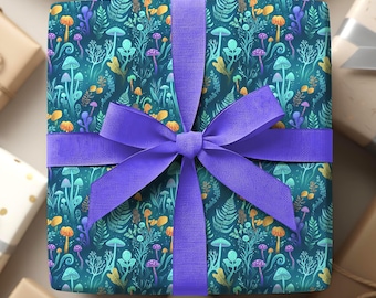 Turquoise Mushrooms Pattern Wrapping Paper, Whimsical Gift Wrap