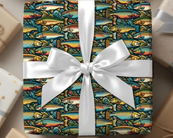 Colorful Trout Fish Pattern Wrapping Paper, Fishing Gift Wrap