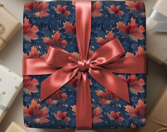 Maple Leaves on Blue Gift Wrapping Paper