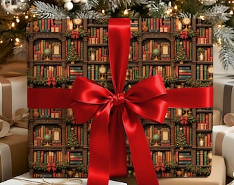 Christmas Library Book Shelves Wrapping Paper Roll | Fantasy Christmas Gift Wrap