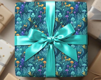 Inpakpapier met turkoois paddestoelpatroon, grappige cadeauverpakking