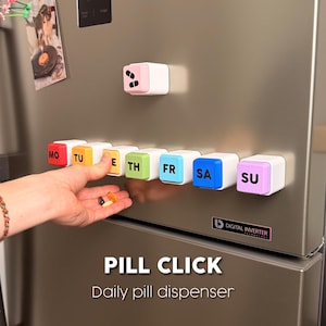 May include: A magnetic daily pill dispenser with white, pink, and colourful blocks labelled with days of the week. The text "PILL CLICK Daily pill dispenser" is at the bottom of the image.