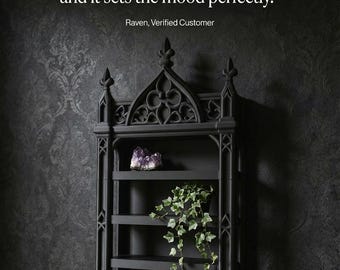 Étagère murale cathédrale gothique de 23 po x 12 po | Décoration murale noire mate imprimée en 3D | Présentoir | Décoration d'intérieur sombre | Étagère murale en PLA