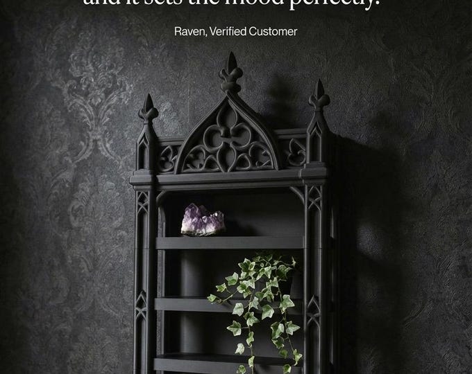 Featured listing image: 23 in x 12 in Gothic Cathedral Wall Shelf | 3D Printed Matte Black Wall Decor | Display Shelf | Dark Home Decor | PLA Wall Shelf