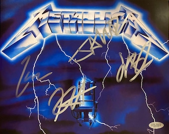 Foto de música rock de 8x10 pulgadas autografiada por Metallica: James Hetfield, Lars Ulrich, Kirk Hammett y Robert Trujillo