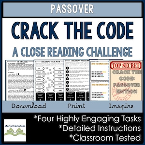Peut inclure: Une feuille de travail éducative bleue et blanche sur le thème de la Pâque, intitulée "Crack the Code: A Close Reading Challenge". La feuille de travail comprend du texte, des défis et une section "Top Secret". Elle est conçue pour être téléchargée, imprimée et utilisée en classe.