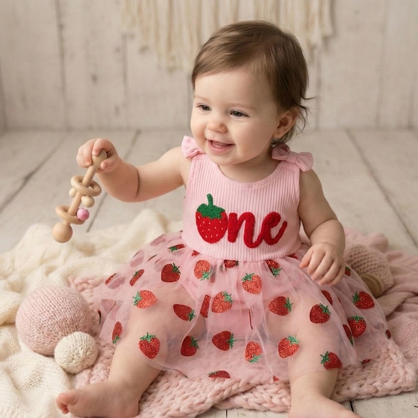 Strawberry First Birthday Outfit for Baby Girl | Embroidered “One” Strawberry Romper | Pink Cake Smash Dress | 1st Birthday Tulle Tutu Dress