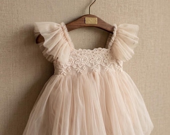 Baby Girl Tulle Cotton Dress, Apricot Lace Floral Romper Dress, First Birthday Outfit, Cake Smash Dress, Flower Girl Dress, Baby Party Dress
