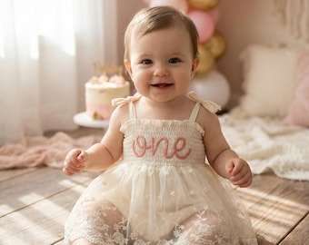 Baby Girl 1st Birthday Outfit | Cotton Cream Floral Dress | Pink ONE Embroidered Cake Smash Dress | Boho Tulle Tutu | First Birthday Gift