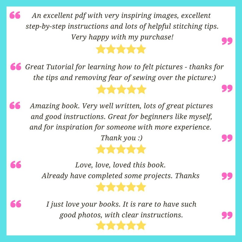 A text image to show several five star reviews of this tutorial.  An example is: Amazing book. Very well written, lots of great pictures and good instructions.  Great for beginners and for inspiration for someone with more experience. Five Stars
