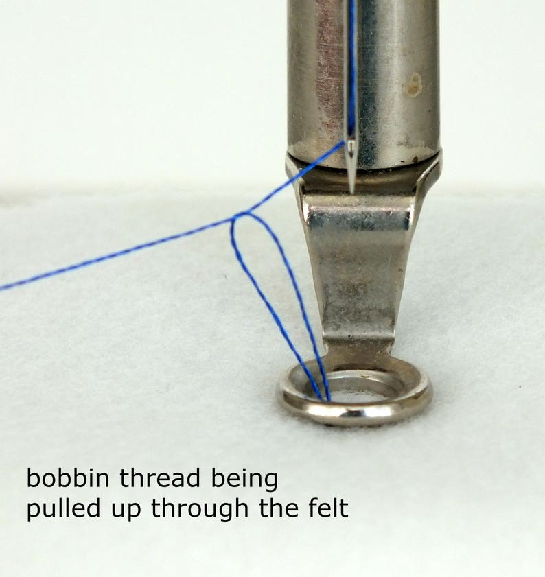 This photo is from the free motion machine embroidery section of the tutorial and shows the bobbin thread being pulled up through the felt in preparation for beginning to stitch