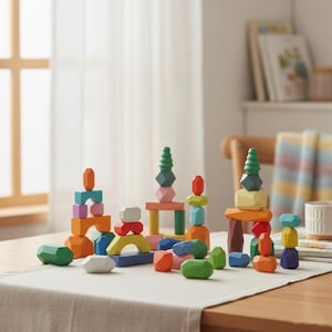 May include: A selection of brightly coloured wooden building blocks in various shapes and sizes. The blocks are arranged in towers and structures on a light-coloured tablecloth. The blocks are painted in shades of orange, green, blue, pink, and yellow.