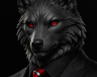 Lobo con traje negro y rojo – Serie Ejecutiva - Lienzo de archivo o impresión mate
