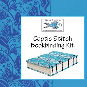 May include: A Coptic Stitch Bookbinding Kit, featuring a book with a blue and white patterned cover and visible spine stitching. The background includes a blue floral pattern and a solid blue section. The text "Coptic Stitch Bookbinding Kit" is displayed.