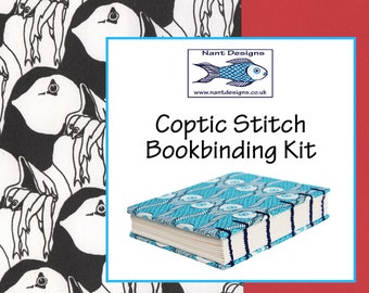 Coptic binding, bookbinding kit. Hand made book with puffins. make it yourself craft gift. tools and materials. learn a skill