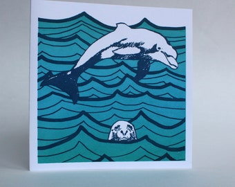 Hand-Printed Wildlife Greeting Card: Seal Jumping Dolphin Ocean Scene Original Artwork