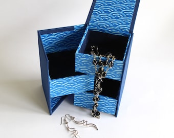 Handmade jewellery box with three trays for earrings and pendants