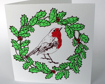 Pack of 5 Robin and Holly blank handprinted Christmas cards