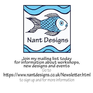 May include: A logo for Nant Designs featuring a blue fish illustration within a blue-bordered square, with the text "Nant Designs" below. Additional text invites viewers to join a mailing list for workshops, new designs, and events, with a website address.
