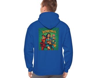 the Distractibles | comic heroes Hoodie | Retro superhero trio graphic at the back