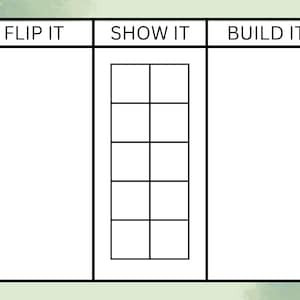 Puede incluir: Gráfico blanco con tres columnas etiquetadas como "FLIP IT", "SHOW IT" y "BUILD IT". La columna central, "SHOW IT", contiene una cuadrícula de diez cuadrados. El fondo es verde claro con motas doradas.
