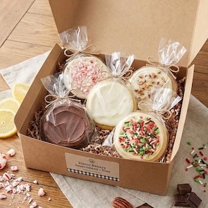 Caixa de Biscoitos Gourmet de Natal • Conjunto de Presente de Biscoitos de Natal • Seleção de Biscoitos Macios com Cobertura de Hortelã-pimenta, Limão e Chocolate • Pacote de Presente de Natal