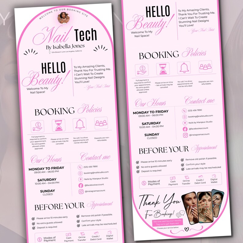Editable Canva client welcome packet designed for nail tech businesses