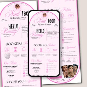 May include: A pink and white promotional flyer and a smartphone displaying the same design for "Nail Tech by Isabella Jones." The flyer and phone screen feature text including "Hello Beauty!" and booking information, with a photo of nail designs.