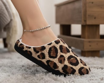 Leopard Print Slippers, Cozy House Shoes, Warm Mules, Indoor Comfort Footwear