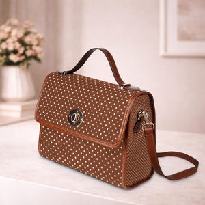 Brown Polka Dot Waterproof Canvas Satchel Bag | PU Leather Trim, Top Handle, Shoulder Strap