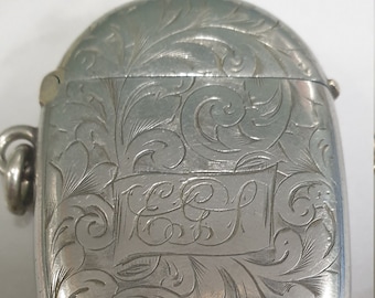 antique silver plate etched oval fob vesta case