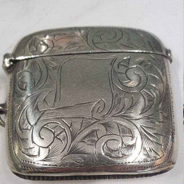 antique silver plate fob etched vesta case