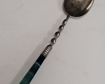 antique green banded agate handle silver plate tea spoon