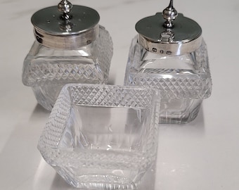 antique 1897 silver with glass base 3 piece salt pepper set