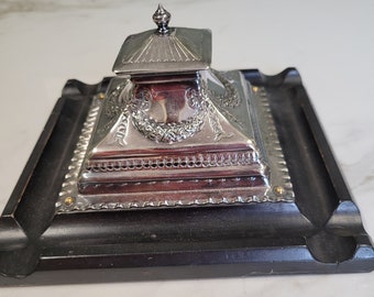 antique silver plate and wood large pyramid inkwell