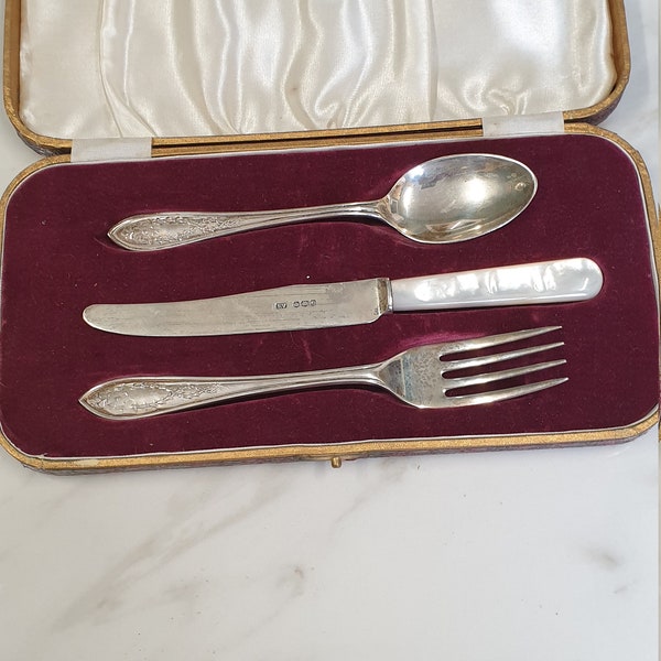 vintage Sheffield silver 1953 knife fork spoon christening set