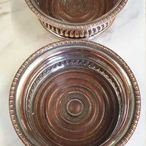 antique silver plate on copper wood base wine coasters