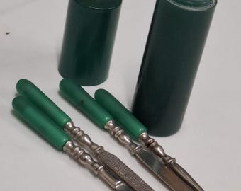 vintage green cellulose plastic vanity manicure set