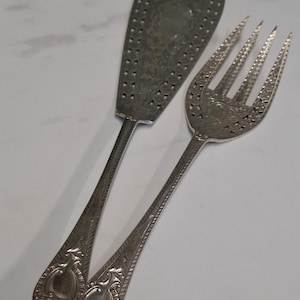 antique silver plate ornate etched fish serving set