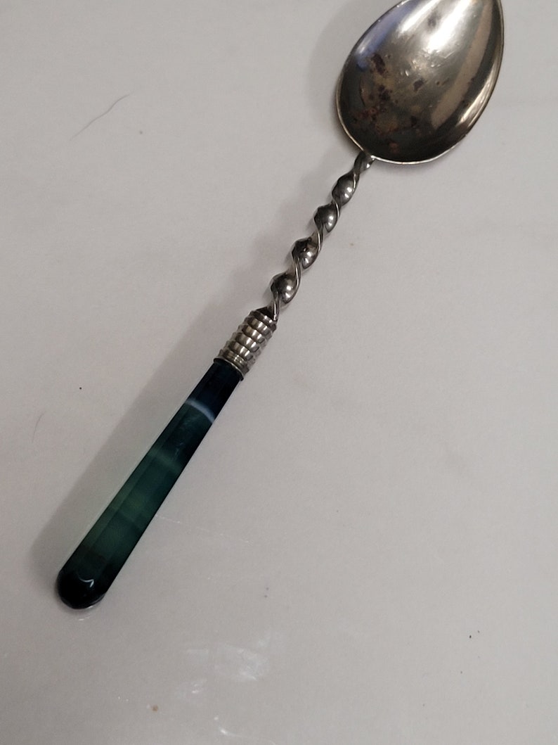 antique green banded agate handle silver plate tea spoon image 1