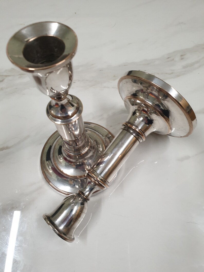 antique silver plate on copper pair of extending candle sticks