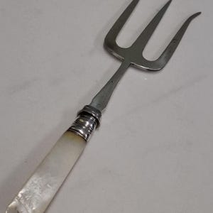 May include: A silver serving fork with a mother-of-pearl handle. The fork has three tines and a long, slender handle.