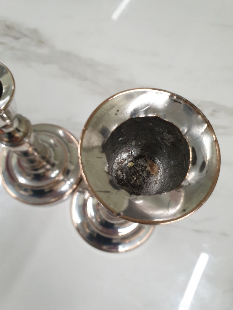 antique silver plate on copper pair of extending candle sticks