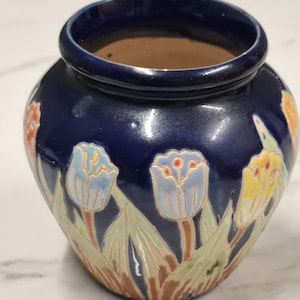 vintage blå blommig liten keramikplanter kruka