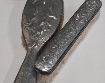 antique wood with floral metal decoration pair of hair brushes