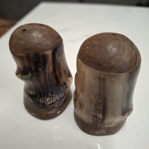 May include: Two brown and black wooden salt and pepper shakers with a natural wood grain pattern.